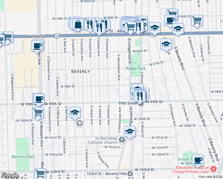 map of restaurants, bars, coffee shops, grocery stores, and more near 9815 South Damen Avenue in Chicago