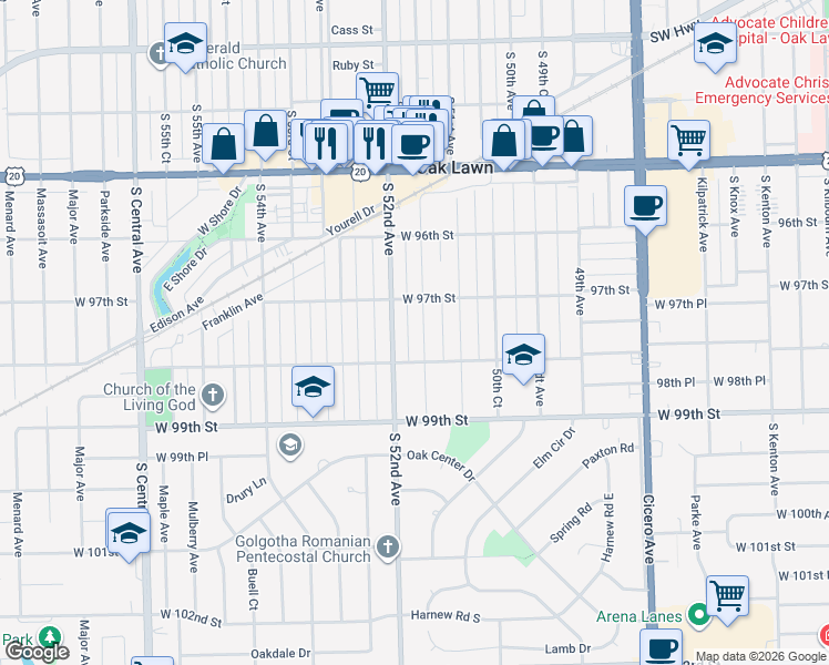 map of restaurants, bars, coffee shops, grocery stores, and more near 9729 South 52nd Avenue in Oak Lawn