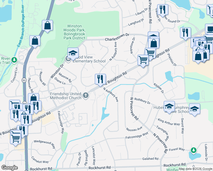 map of restaurants, bars, coffee shops, grocery stores, and more near 361 Aaron Lane in Bolingbrook