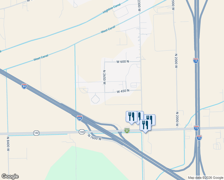map of restaurants, bars, coffee shops, grocery stores, and more near 2584 West 450 North in Tremonton