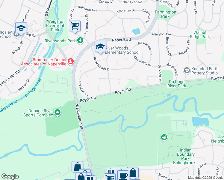 map of restaurants, bars, coffee shops, grocery stores, and more near 300 Apple River Drive in Naperville