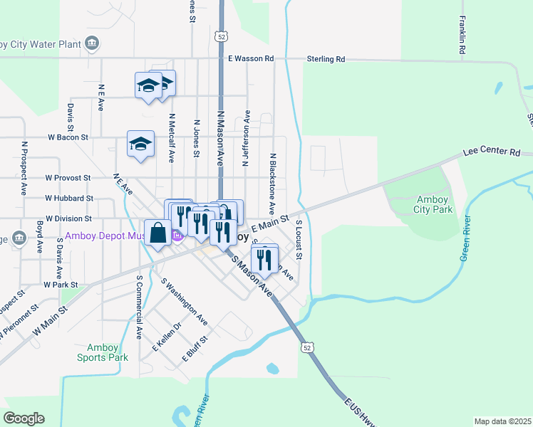 map of restaurants, bars, coffee shops, grocery stores, and more near 4 North Blackstone Avenue in Amboy
