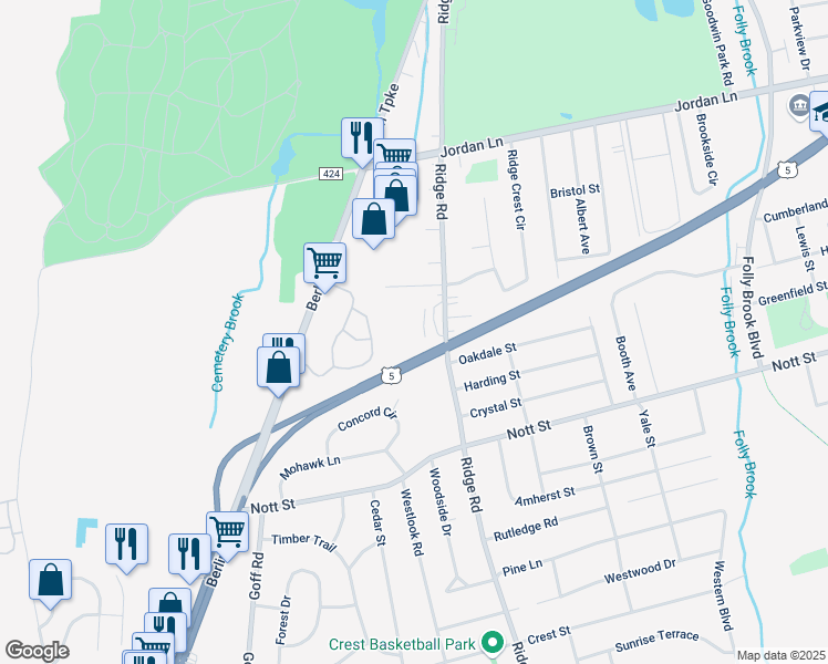 map of restaurants, bars, coffee shops, grocery stores, and more near 275 Ridge Road in Wethersfield