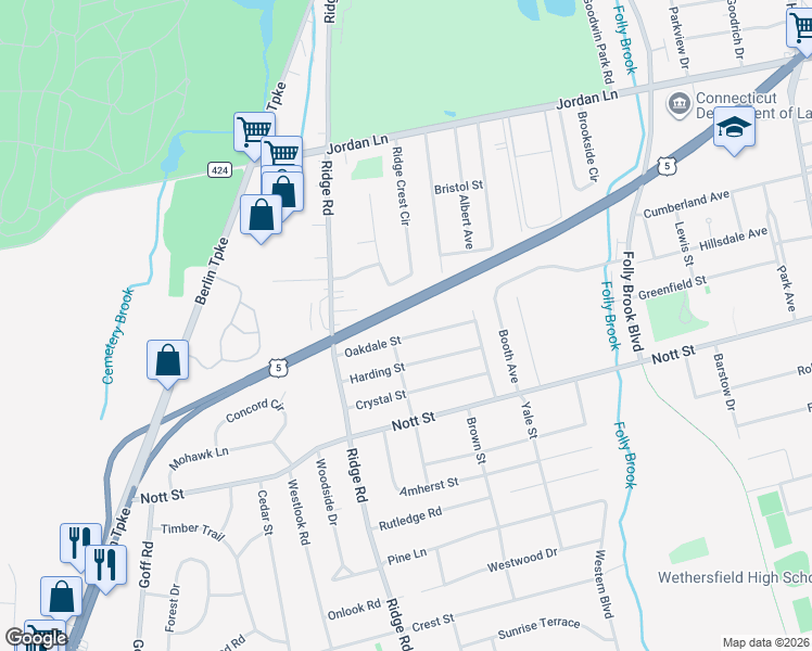 map of restaurants, bars, coffee shops, grocery stores, and more near 66 Oakdale Street in Wethersfield