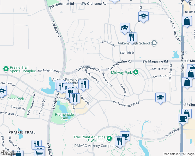 map of restaurants, bars, coffee shops, grocery stores, and more near 1521 Southwest Westview Drive in Ankeny