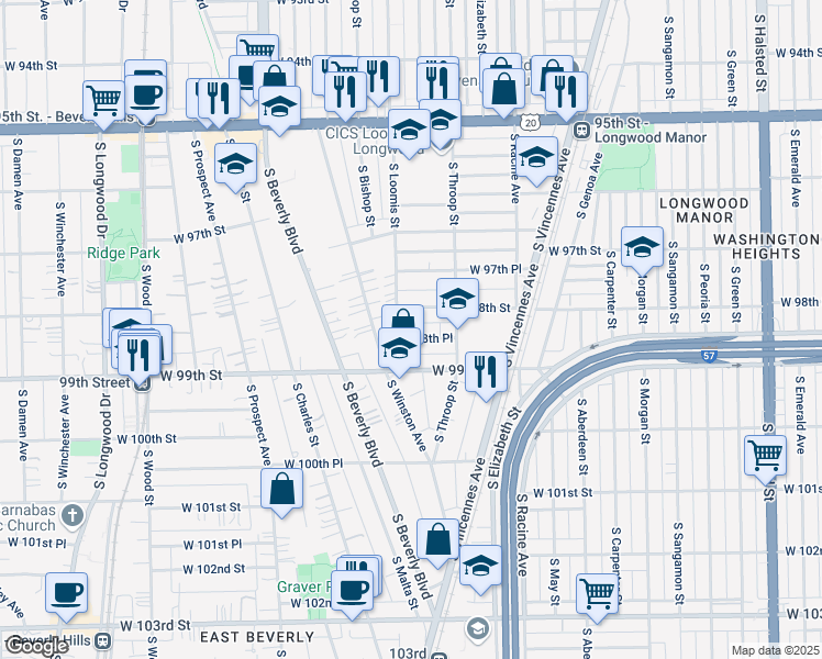 map of restaurants, bars, coffee shops, grocery stores, and more near 1344 West 98th Place in Chicago