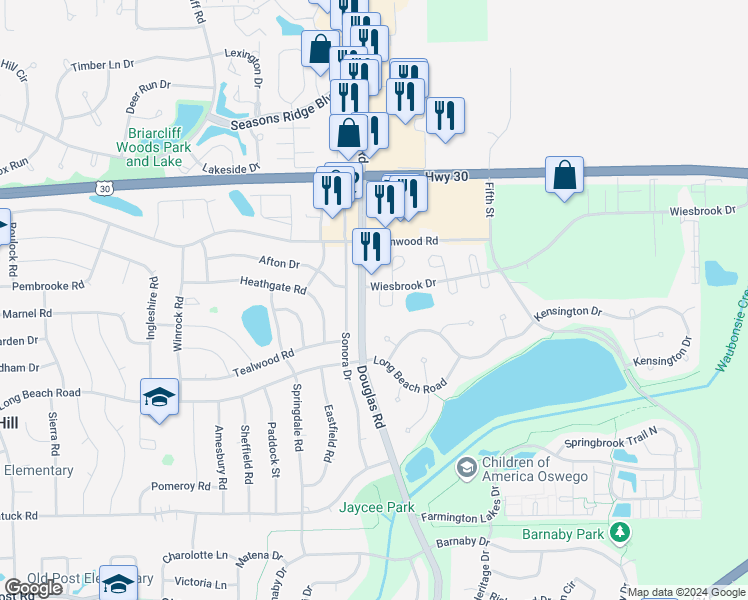 map of restaurants, bars, coffee shops, grocery stores, and more near 1538 Hartford Court in Oswego