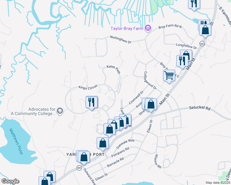 map of restaurants, bars, coffee shops, grocery stores, and more near 8 Kates Path in Yarmouth