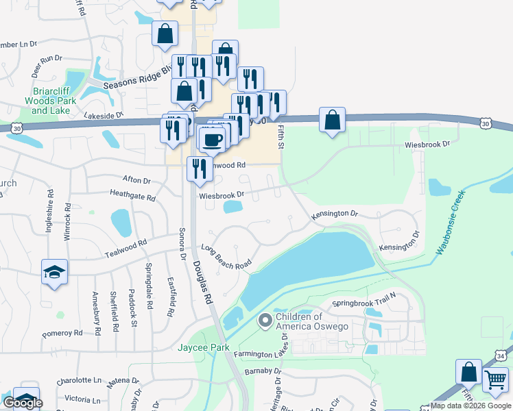 map of restaurants, bars, coffee shops, grocery stores, and more near 208 Buckingham Court in Oswego