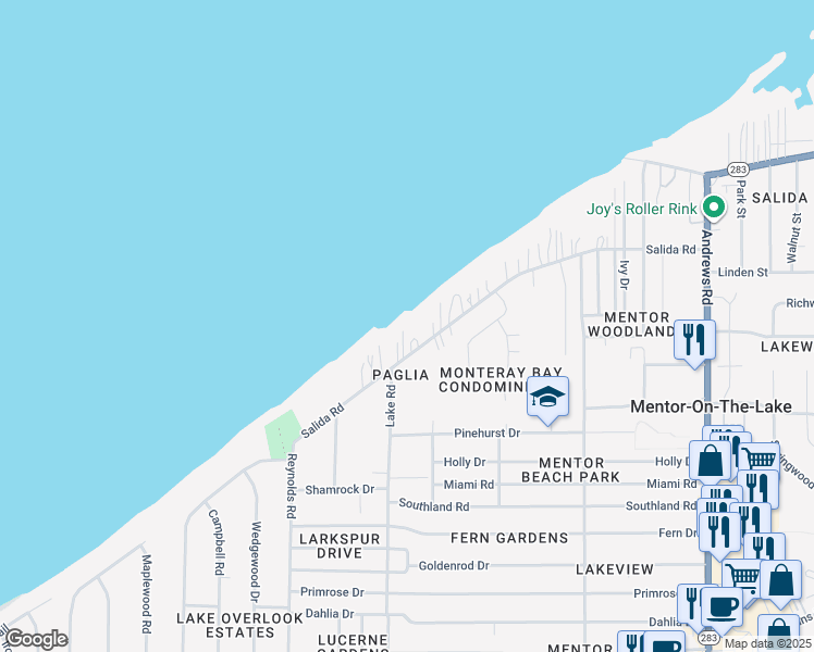 map of restaurants, bars, coffee shops, grocery stores, and more near 7461 Salida Road in Mentor-on-the-Lake