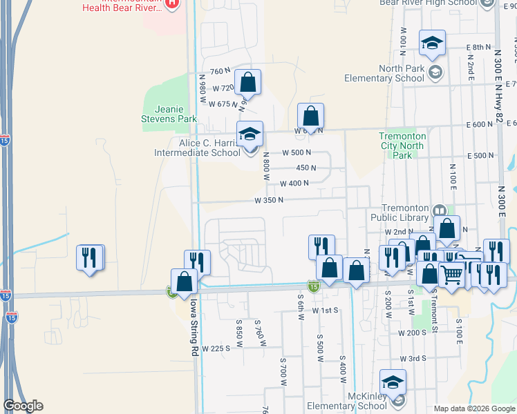 map of restaurants, bars, coffee shops, grocery stores, and more near 889 West 350 North in Tremonton