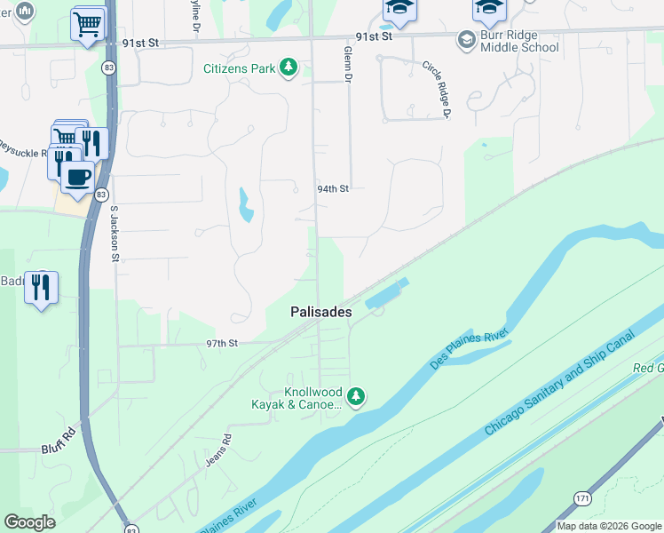map of restaurants, bars, coffee shops, grocery stores, and more near 9500 South Madison Street in Burr Ridge