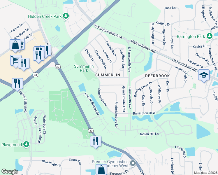 map of restaurants, bars, coffee shops, grocery stores, and more near 1632 Fredericksburg Lane in Aurora
