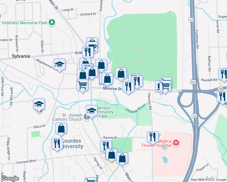 map of restaurants, bars, coffee shops, grocery stores, and more near 6445 Monroe Street in Sylvania