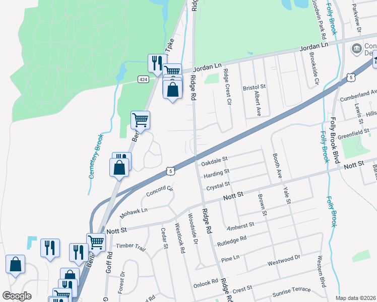 map of restaurants, bars, coffee shops, grocery stores, and more near 289 Ridge Road in Wethersfield