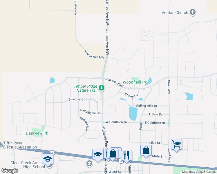 map of restaurants, bars, coffee shops, grocery stores, and more near 262 Woodfield Drive in Tiffin