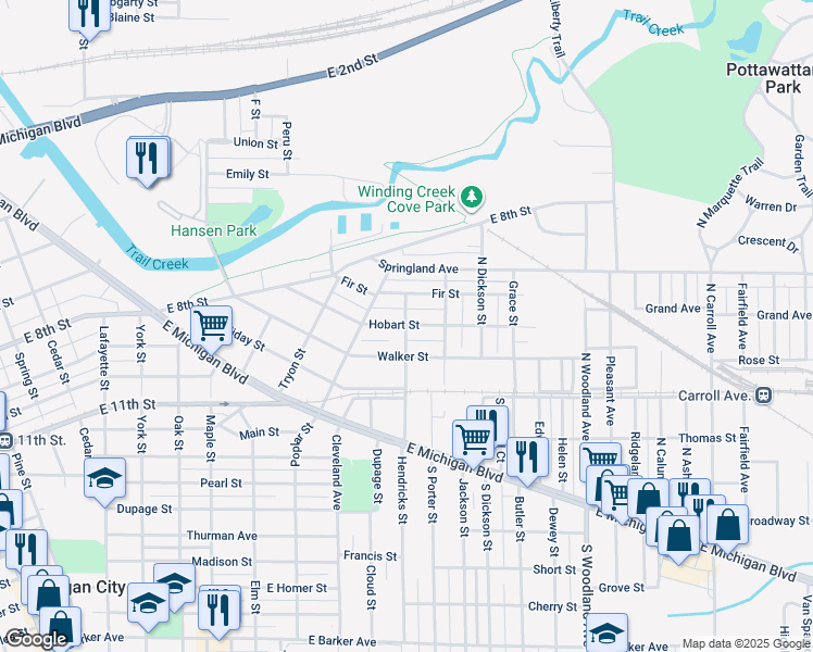 map of restaurants, bars, coffee shops, grocery stores, and more near 413 Hobart Street in Michigan City