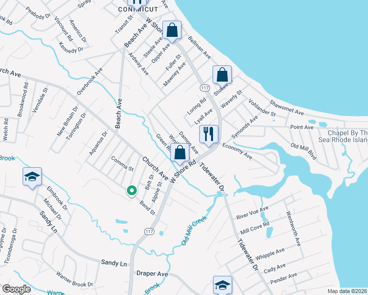 map of restaurants, bars, coffee shops, grocery stores, and more near 123 Winifred Avenue in Warwick
