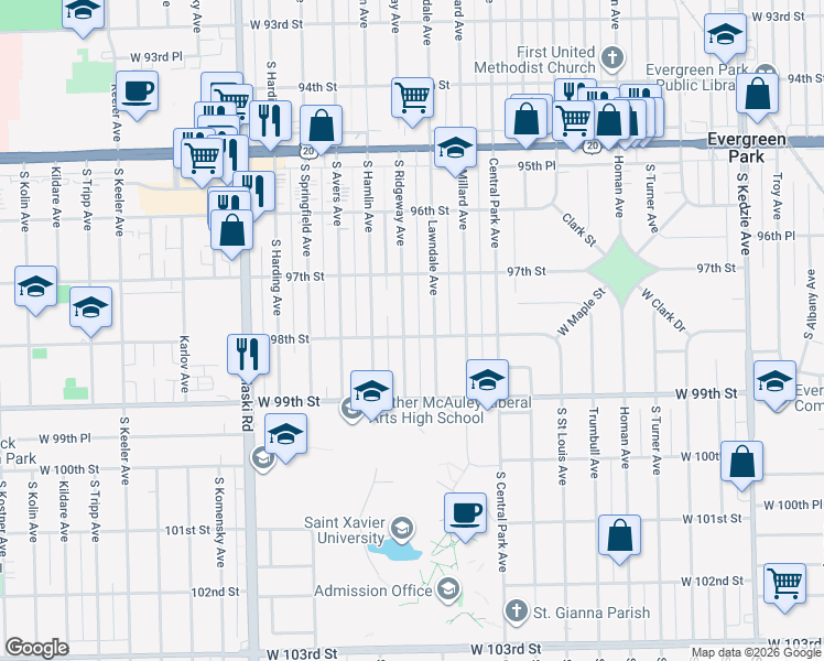 map of restaurants, bars, coffee shops, grocery stores, and more near 9800 Lawndale Avenue in Evergreen Park