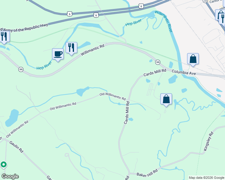 map of restaurants, bars, coffee shops, grocery stores, and more near 175 Old Willimantic Road in Columbia