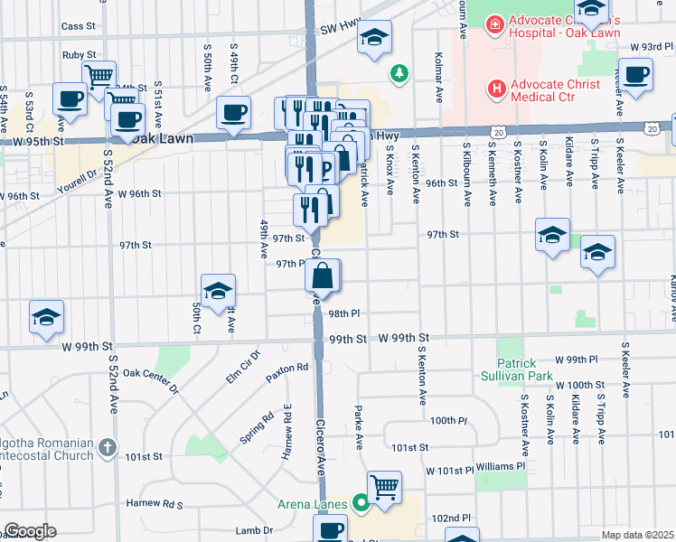 map of restaurants, bars, coffee shops, grocery stores, and more near 4724 98th Street in Oak Lawn