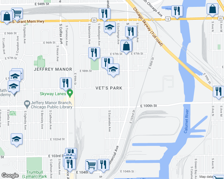 map of restaurants, bars, coffee shops, grocery stores, and more near 2909 East 99th Street in Chicago