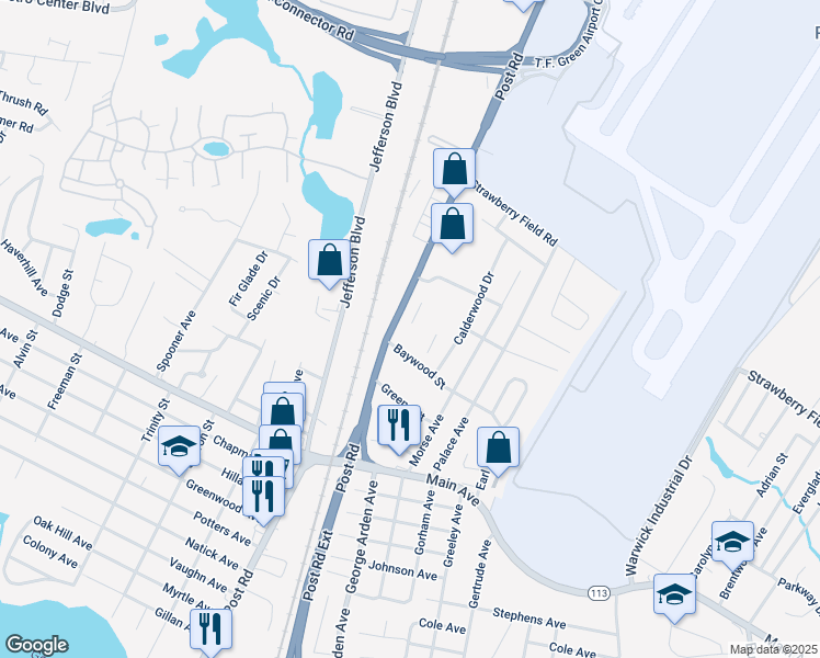 map of restaurants, bars, coffee shops, grocery stores, and more near 2480 Post Road in Warwick