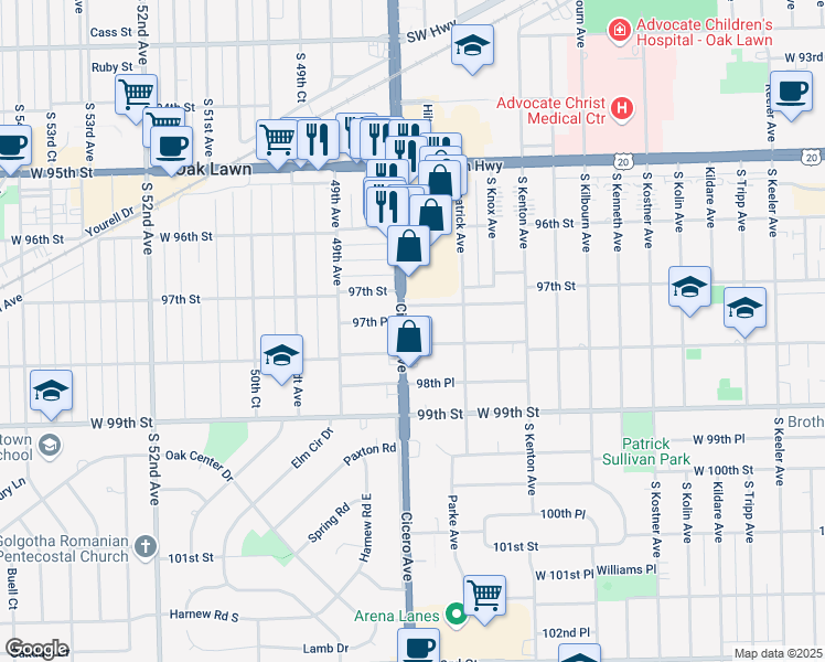 map of restaurants, bars, coffee shops, grocery stores, and more near 9735 South Cicero Avenue in Oak Lawn