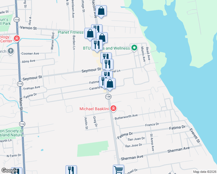 map of restaurants, bars, coffee shops, grocery stores, and more near 2 Overhill Road in Warren
