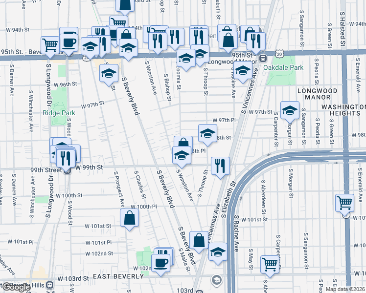 map of restaurants, bars, coffee shops, grocery stores, and more near 1344 West 98th Place in Chicago