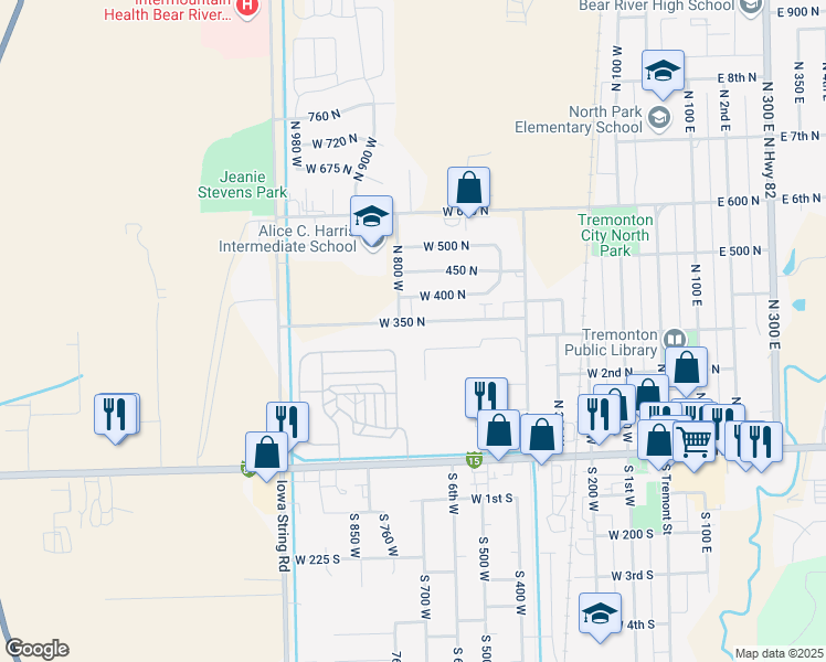 map of restaurants, bars, coffee shops, grocery stores, and more near 781 West 350 North in Tremonton