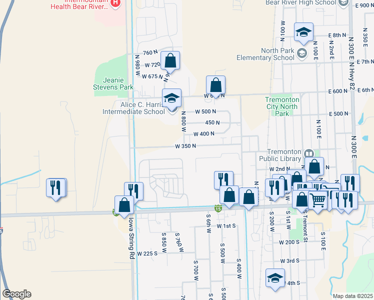 map of restaurants, bars, coffee shops, grocery stores, and more near 781 West 350 North in Tremonton