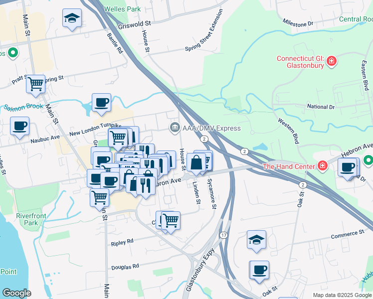 map of restaurants, bars, coffee shops, grocery stores, and more near 44 House Street in Glastonbury