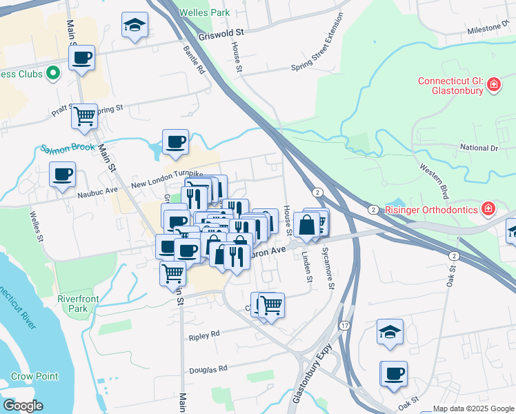 map of restaurants, bars, coffee shops, grocery stores, and more near 22 Melrose Street in Glastonbury