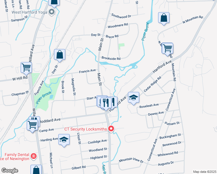 map of restaurants, bars, coffee shops, grocery stores, and more near 115 Moylan Court in Newington
