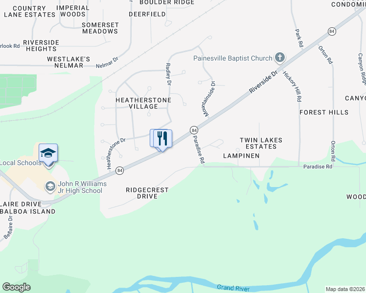 map of restaurants, bars, coffee shops, grocery stores, and more near 1016 Ohio 84 in Painesville