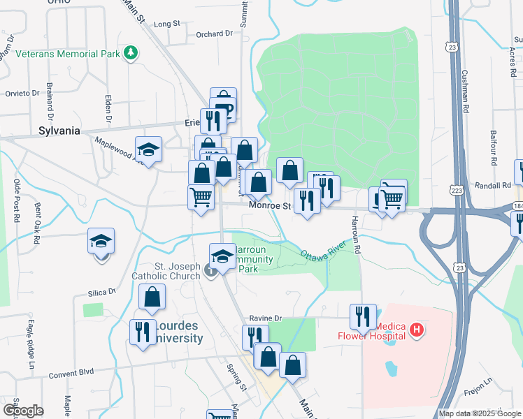 map of restaurants, bars, coffee shops, grocery stores, and more near 6445 Monroe Street in Sylvania