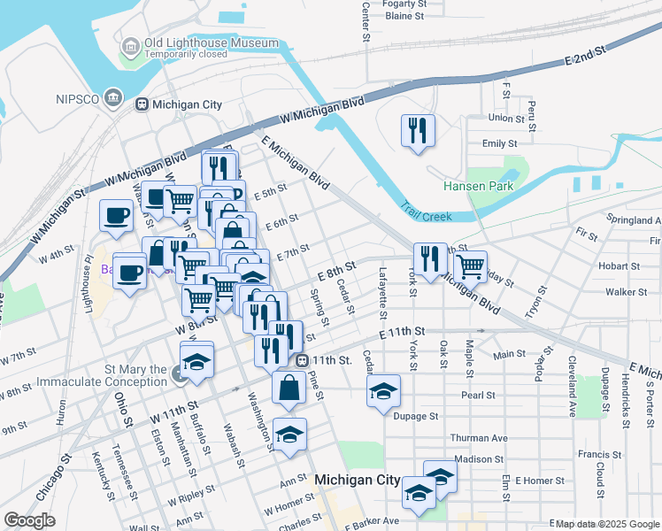 map of restaurants, bars, coffee shops, grocery stores, and more near 320 East 8th Street in Michigan City
