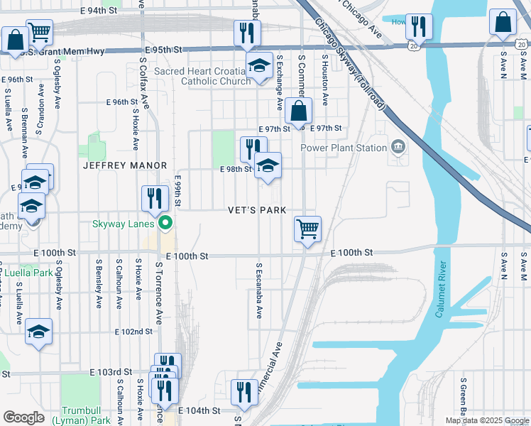 map of restaurants, bars, coffee shops, grocery stores, and more near 9911 South Escanaba Avenue in Chicago
