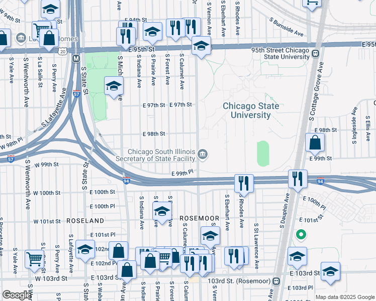 map of restaurants, bars, coffee shops, grocery stores, and more near 9847 South Calumet Avenue in Chicago