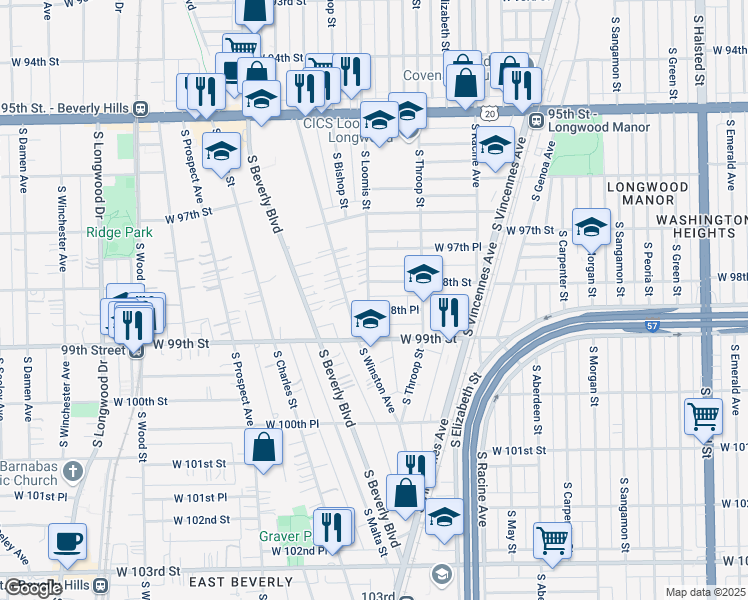 map of restaurants, bars, coffee shops, grocery stores, and more near 1344 West 98th Place in Chicago