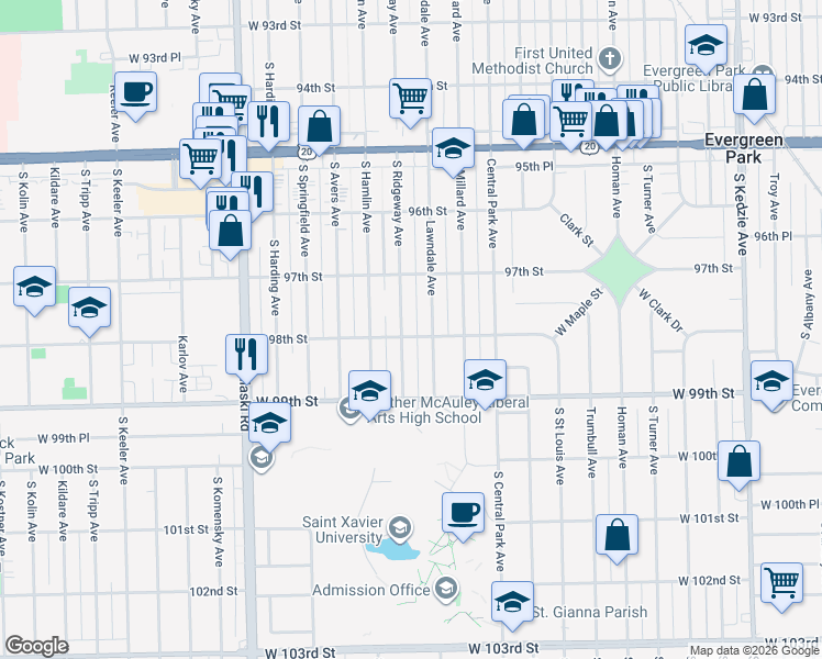map of restaurants, bars, coffee shops, grocery stores, and more near 9800 Lawndale Avenue in Evergreen Park