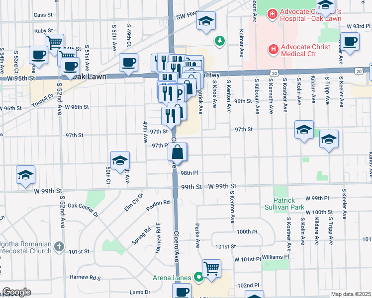 map of restaurants, bars, coffee shops, grocery stores, and more near 4724 98th Street in Oak Lawn