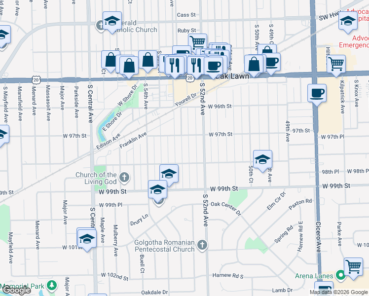 map of restaurants, bars, coffee shops, grocery stores, and more near 9735 Cook Avenue in Oak Lawn