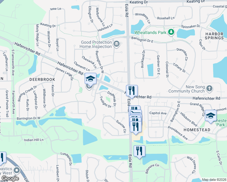 map of restaurants, bars, coffee shops, grocery stores, and more near 2195 Daybreak Drive in Aurora