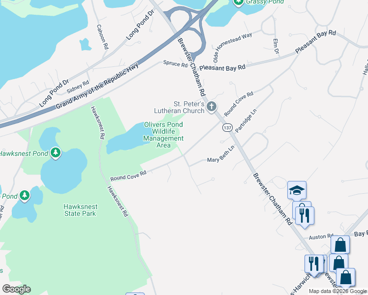map of restaurants, bars, coffee shops, grocery stores, and more near 70 Round Cove Road in Harwich