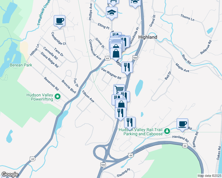 map of restaurants, bars, coffee shops, grocery stores, and more near 9 Roberto Avenue in Highland