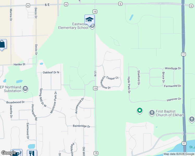map of restaurants, bars, coffee shops, grocery stores, and more near 22787 Springwood Drive in Elkhart