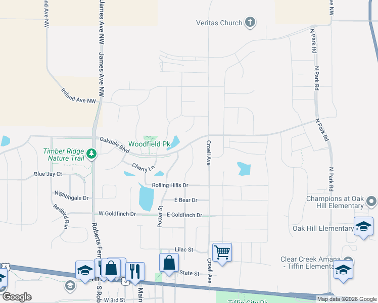 map of restaurants, bars, coffee shops, grocery stores, and more near 512 Rolling Hills Drive in Tiffin