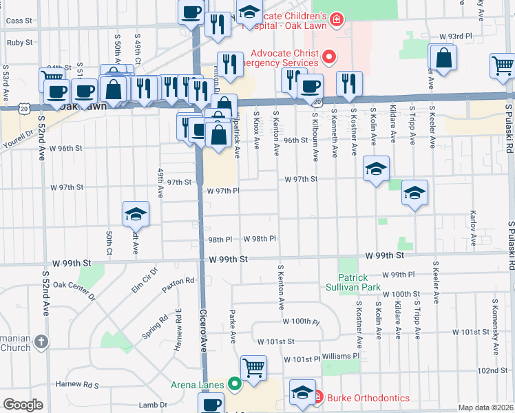 map of restaurants, bars, coffee shops, grocery stores, and more near 4612 98th Street in Oak Lawn